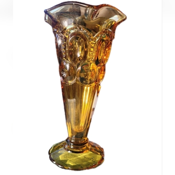 Le Smith Other - Le Smith Vintage Amber Glass Vase with Moon Star Pattern and Ruffled Edge
